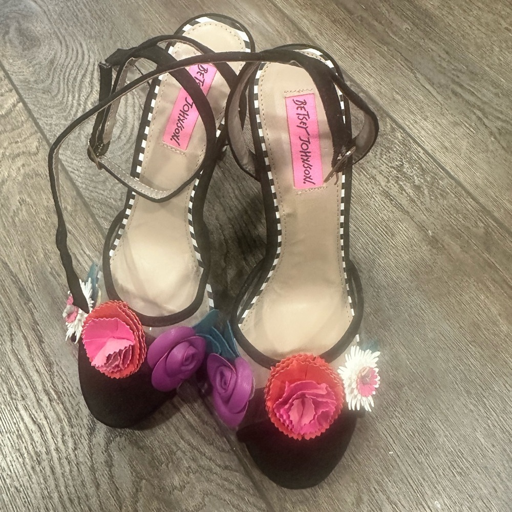 Betsey Johnson Black Heels with Colorful Floral Accents